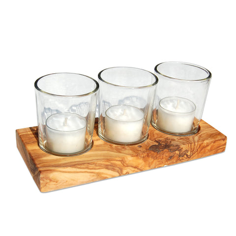 3er Set Windlicht VETRO im Glas auf Olivenholz-Tablett