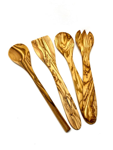 4tlg. Kochlöffel-Set (Kochlöffel rund, Pfannenwender ohne Löcher, Salatbesteck mittel)